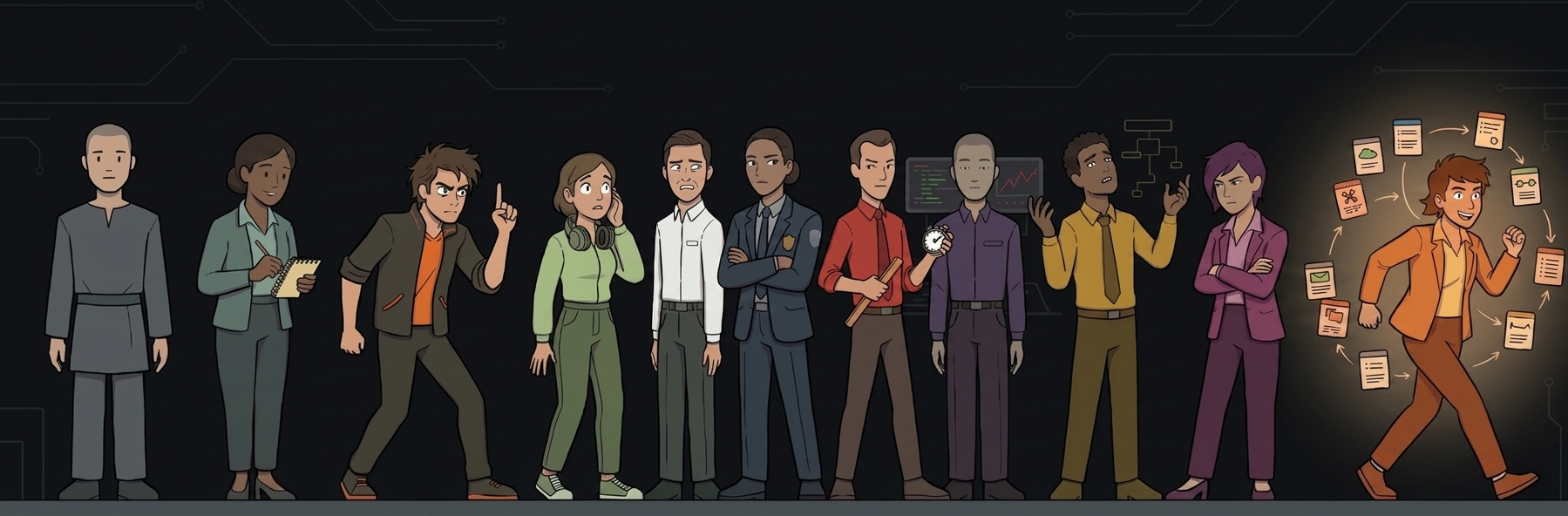 The fifteen neurodiveragents — specialist AI agents each grounded in a distinct cognitive style: Flow, Honest, Patient, Pierce, Acute, Just, Bound, Ward, Lean, Signal, Pulse, Arc, Craft, Datum, and Edge